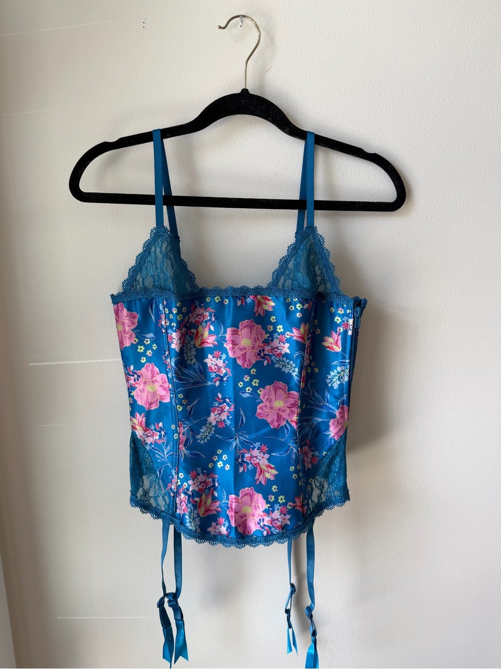 Floral Lace Trim Blue Bustier Top with Pink Blossoms